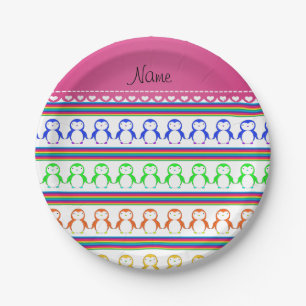 Personalised name white rainbow stripes penguins paper plate