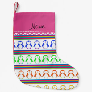Personalised name white rainbow stripes penguins small christmas stocking