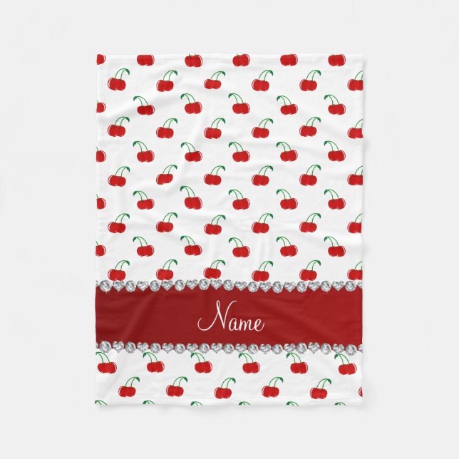 Personalised name white red cherries red stripe fleece blanket (Front)