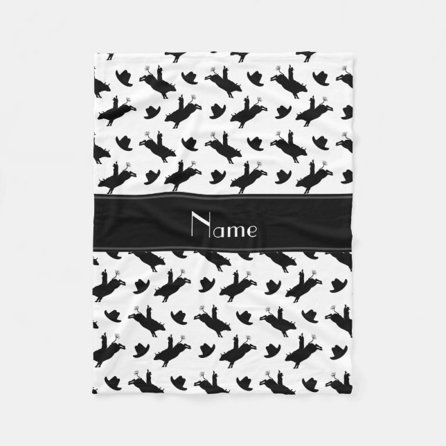 Personalised name white rodeo bull riding pattern fleece blanket (Front)