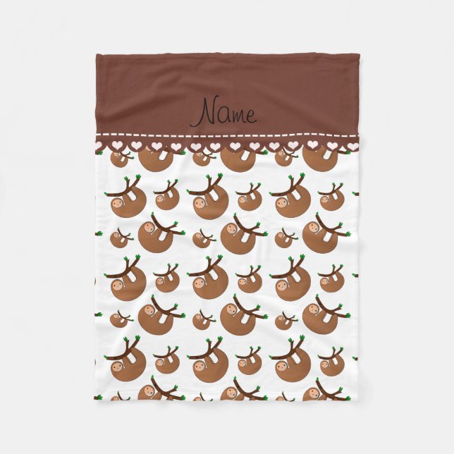 Personalised name white sloth pattern fleece blanket (Front)