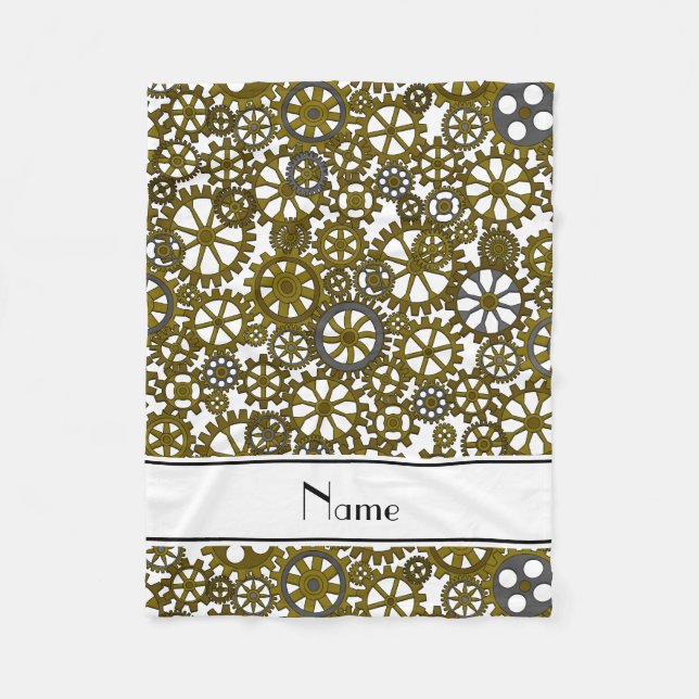 Personalised name white steampunk cogs fleece blanket (Front)