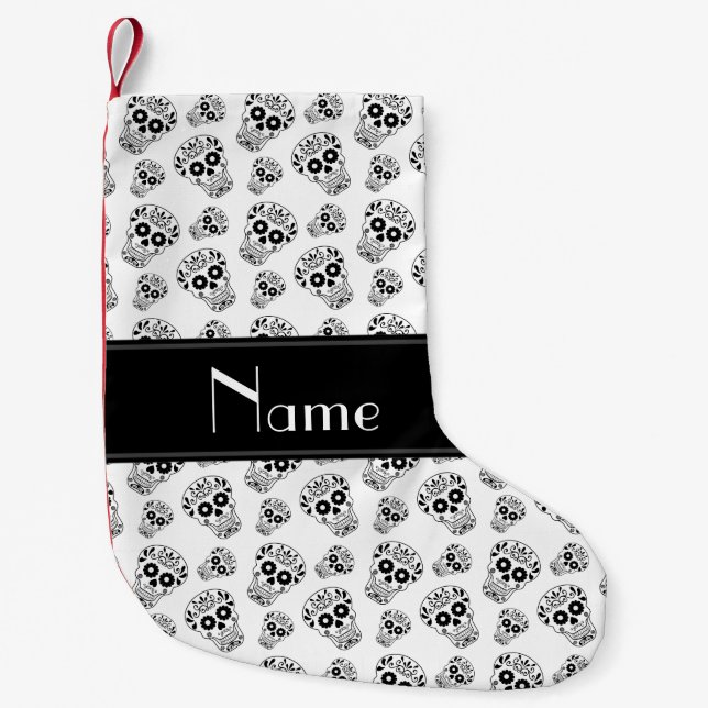 Personalised name white sugar skulls small christmas stocking (Front)