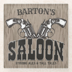 Personalised NAME Wild West Gun Revolver Saloon Glass Coaster
