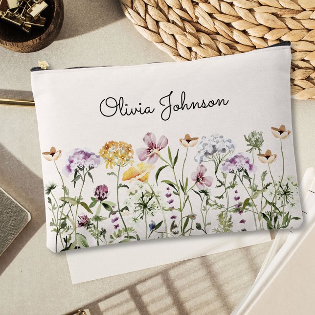 Personalised Name Wildflower Garden Accessory Pouch (In situ, on table)