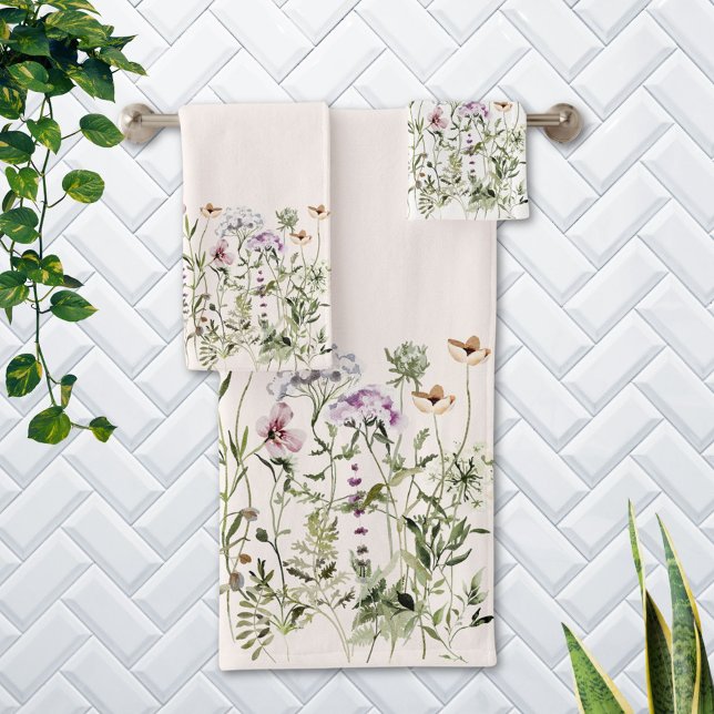 Personalised Name Wildflower Garden Bath Towel Set (In situ Bathroom wall)