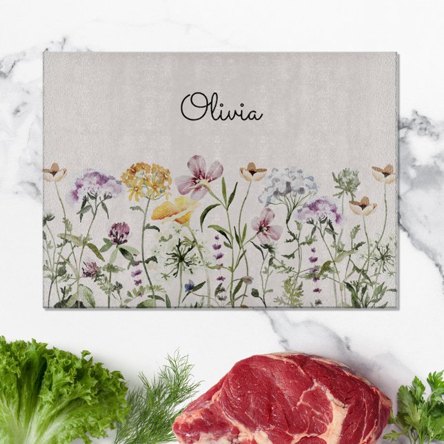Personalised Name Wildflower Garden Cutting Board (In situ kitchen table)