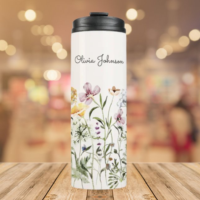 Personalised Name Wildflower Garden Thermal Tumbler (Close up, On the table)