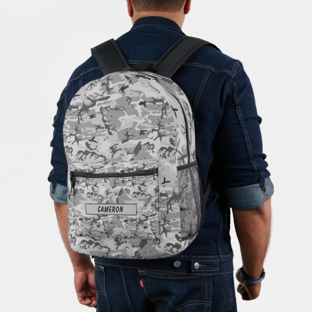 Personalised Name Winter Grey Camouflage Abstract  Printed Backpack (Insitu (Model))