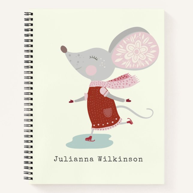 Personalised Name Winter Ice Skater Mouse Holiday Notebook (Front)
