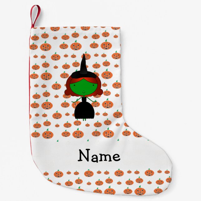 Personalised name witch orange pumpkins small christmas stocking (Front)