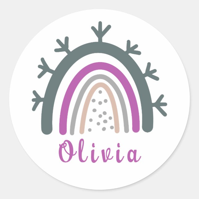 Personalised Name with Cute Boho Rainbow Classic Round Sticker (Front)