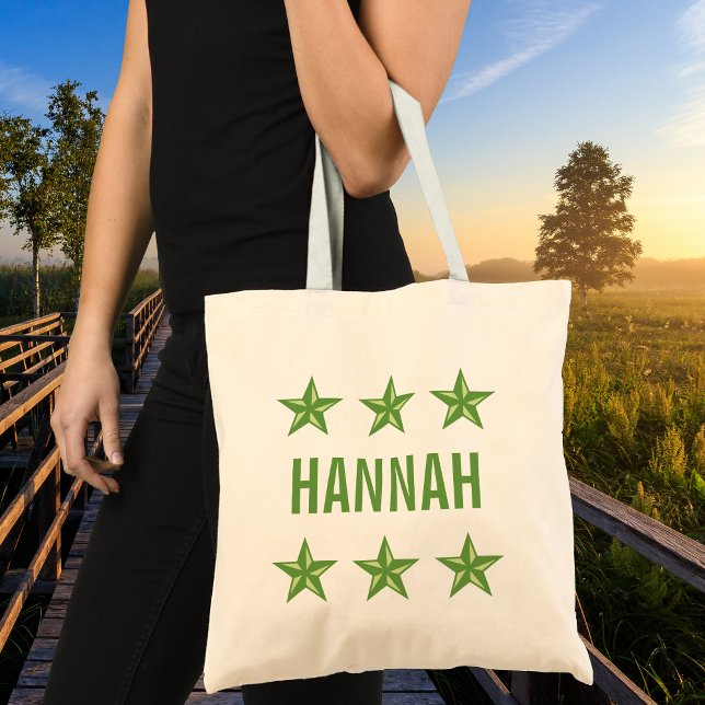 Personalised Name with Green Nautical Stars Canvas Tote Bag (Creator Uploaded)