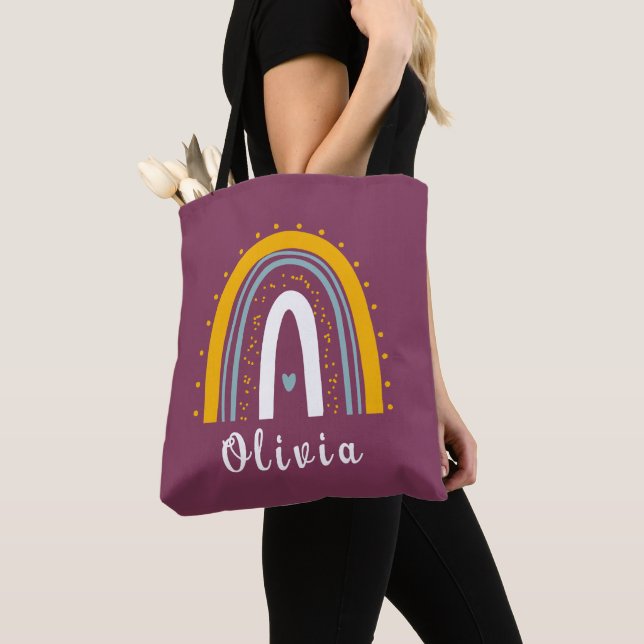 Personalised Name with Minimalist Boho Rainbow Tote Bag (Close Up)