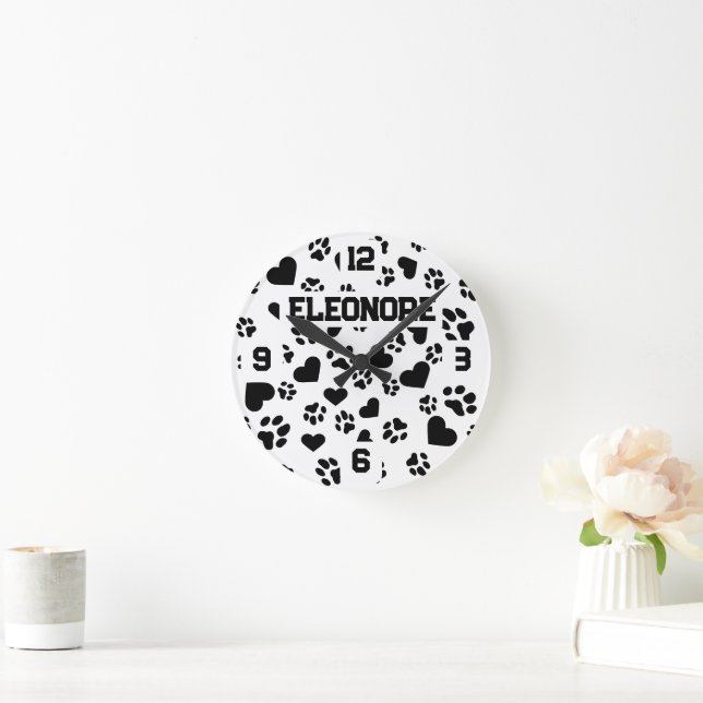Personalised Name with Paw Print Design  Round Clock (Home)