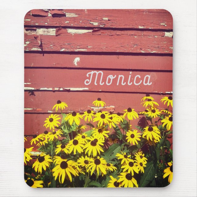 Personalised Name with Rustic Wood & Flowers Mouse Mat (Front)
