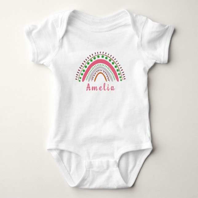 Personalised Name with Whimsical Boho Rainbow Baby Bodysuit (Front)