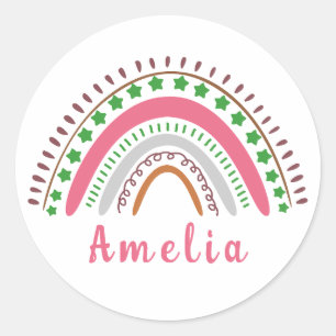 Personalised Name with Whimsical Boho Rainbow  Classic Round Sticker