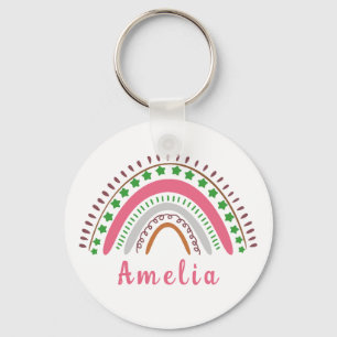 Personalised Name with Whimsical Boho Rainbow   Key Ring