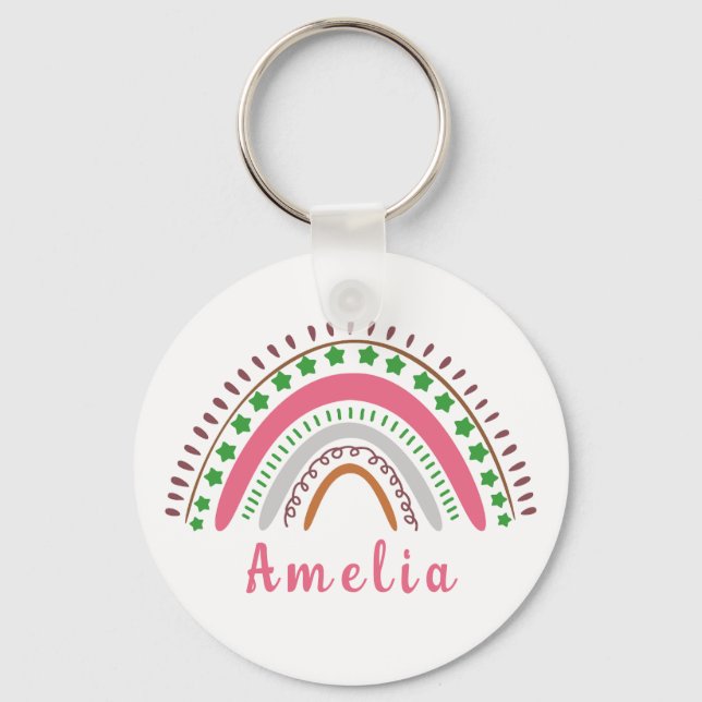 Personalised Name with Whimsical Boho Rainbow   Key Ring (Front)
