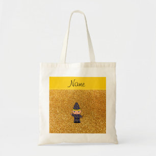 Personalised name wizard yellow glitter tote bag