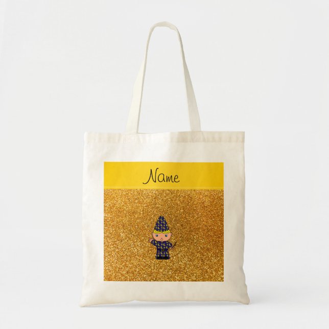 Personalised name wizard yellow glitter tote bag (Front)