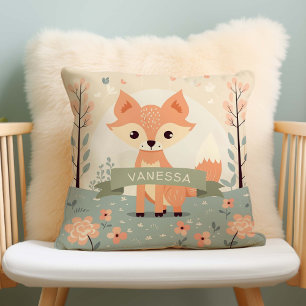 Personalised Name Woodland Fox, Baby Girl Nursery Cushion