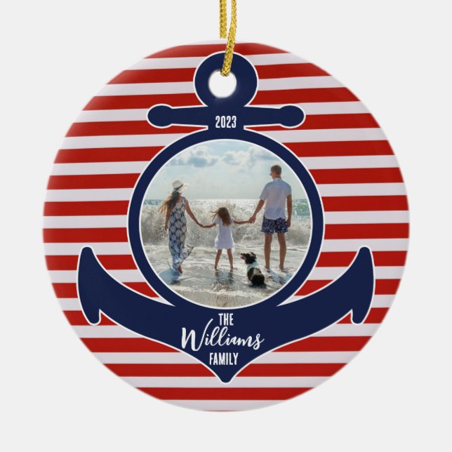 Personalised Name & Year Red White & Blue Anchor Ceramic Tree Decoration (Front)
