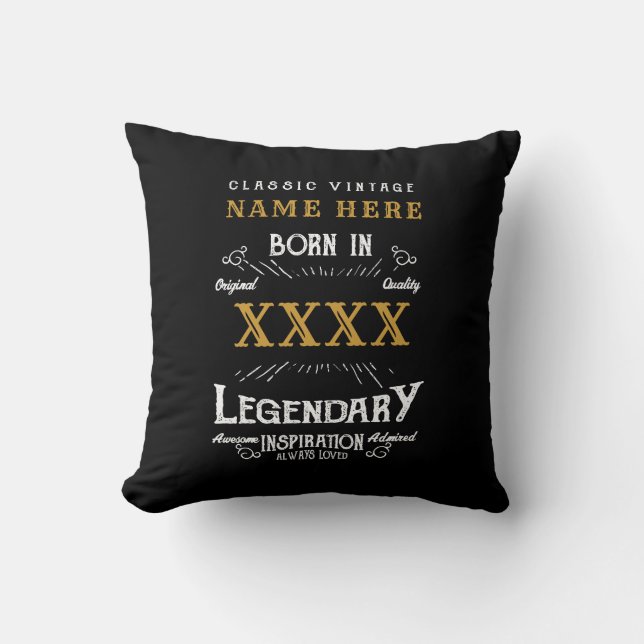 Personalised Name Year Retro Legend Black Birthday Cushion (Front)
