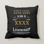 Personalised Name Year Retro Legend Black Birthday Cushion<br><div class="desc">For those celebrating their birthday we have the ideal birthday throw pillow with a vintage feel. The black background with a white and gold vintage typography design is simple and yet elegant with a retro feel. Easily customise the text of this birthday gift using the template provided. See in store...</div>