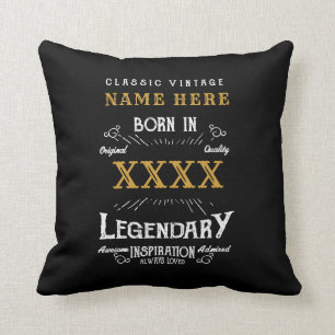Personalised Name Year Retro Legend Black Birthday Cushion