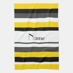 Personalised name yellow black grey white stripes tea towel