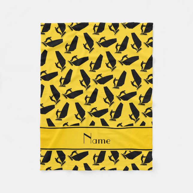 Personalised name yellow black windsurfing fleece blanket (Front)