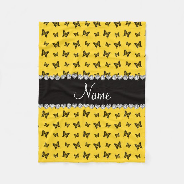 Personalised name yellow butterfly pattern fleece blanket (Front)