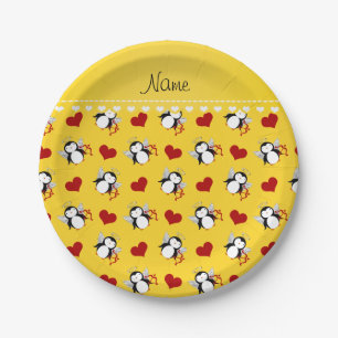 Personalised name yellow cupid penguins red hearts paper plate