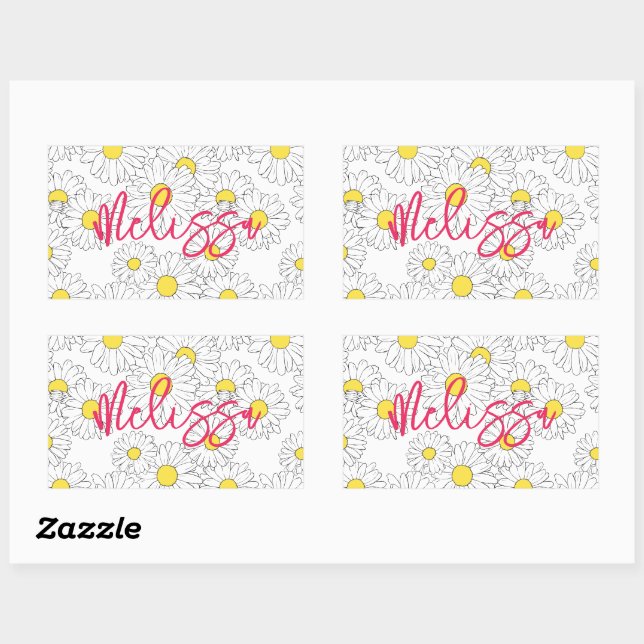 personalised name yellow daisy pattern modern rectangular sticker (Sheet)