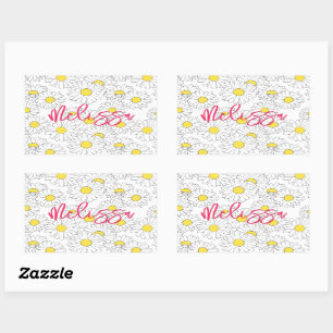 personalised name yellow daisy pattern modern rectangular sticker