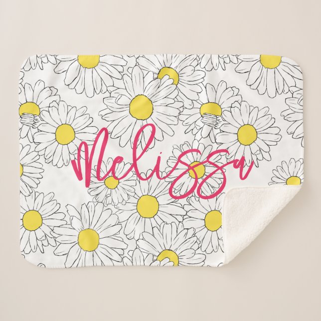 personalised name yellow daisy pattern modern sherpa blanket (Front (Horizontal))
