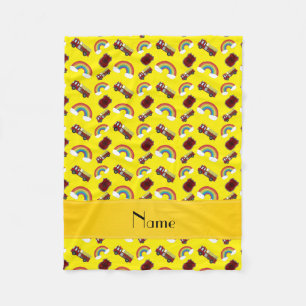 Personalised name yellow fire trucks rainbows fleece blanket