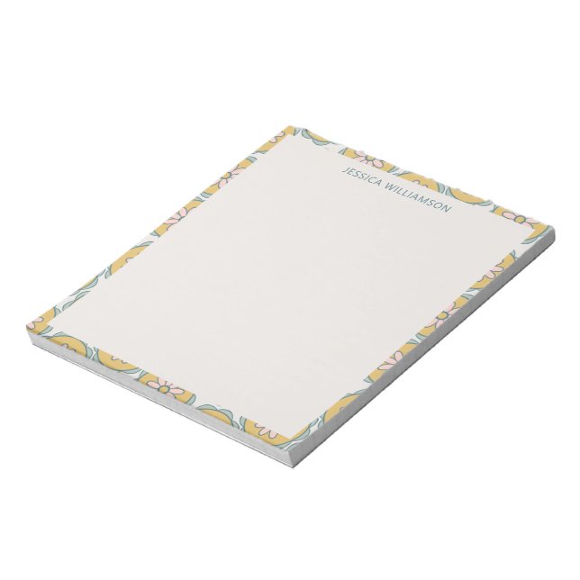 Personalised Name Yellow Floral Pastel Border Notepad (Rotated)