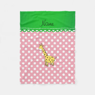 Personalised name yellow giraffe pink polka dots fleece blanket