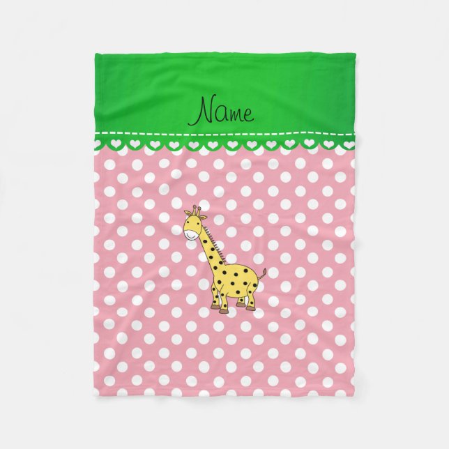 Personalised name yellow giraffe pink polka dots fleece blanket (Front)