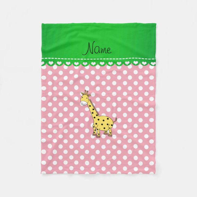 Personalised name yellow giraffe pink polka dots fleece blanket (Front)