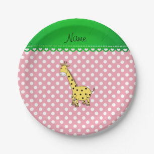 Personalised name yellow giraffe pink polka dots paper plate