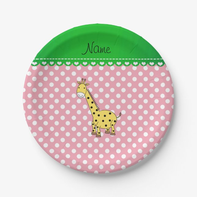 Personalised name yellow giraffe pink polka dots paper plate (Front)