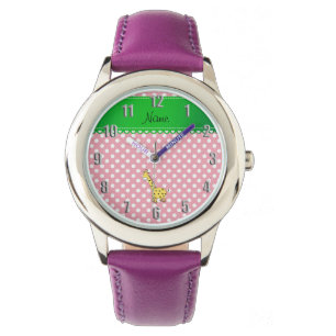 Personalised name yellow giraffe pink polka dots watch
