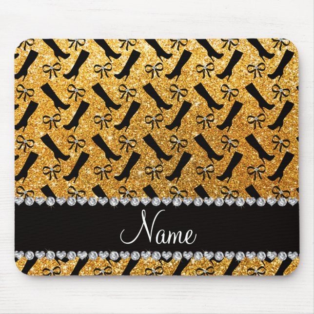 Personalised name yellow glitter boots bows mouse mat (Front)
