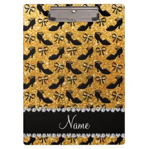 Personalised name yellow glitter fancy shoes bows clipboard