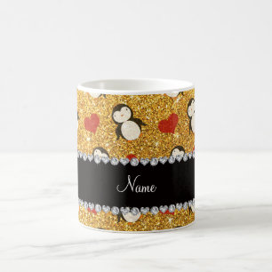 Personalised name yellow glitter penguins hearts coffee mug