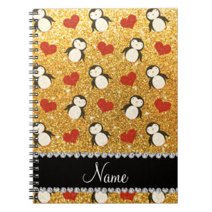 Personalised name yellow glitter penguins hearts notebook